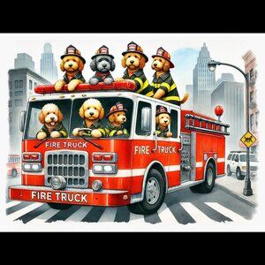 Fireman Golden Doodle Dog Fire Truck Art Print Limited Edition Signed & Numbered